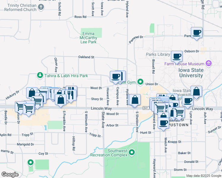 map of restaurants, bars, coffee shops, grocery stores, and more near 2921 Woodland Street in Ames
