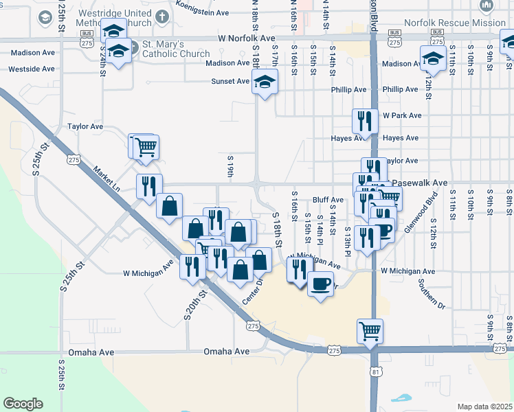 map of restaurants, bars, coffee shops, grocery stores, and more near 1701 West Pasewalk Avenue in Norfolk