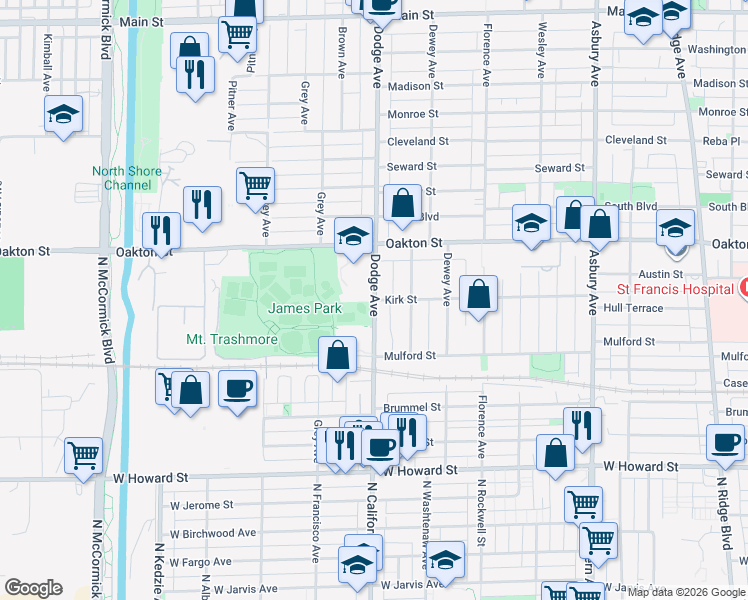map of restaurants, bars, coffee shops, grocery stores, and more near 421 Dodge Avenue in Evanston