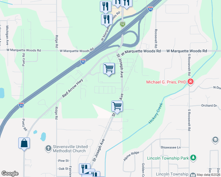 map of restaurants, bars, coffee shops, grocery stores, and more near 5054 Saint Joseph Avenue in Stevensville