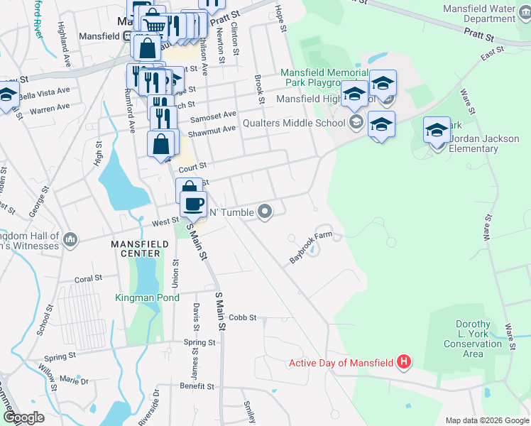 map of restaurants, bars, coffee shops, grocery stores, and more near 52 Eddy Street in Mansfield