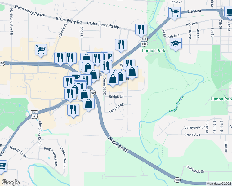 map of restaurants, bars, coffee shops, grocery stores, and more near 910 Bridgit Lane in Cedar Rapids