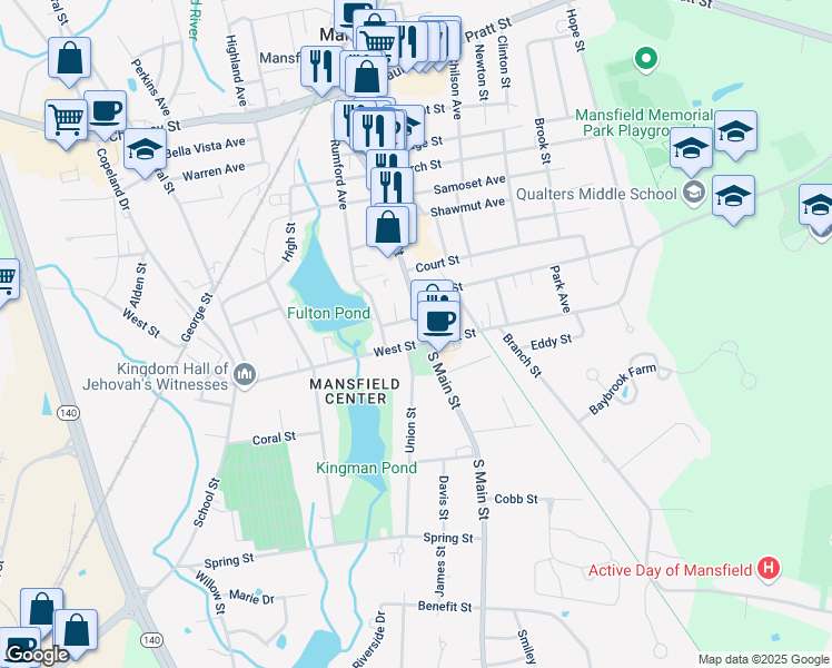 map of restaurants, bars, coffee shops, grocery stores, and more near 34 North Main Street in Mansfield