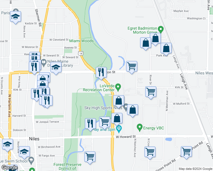 map of restaurants, bars, coffee shops, grocery stores, and more near 7920 North Caldwell Avenue in Niles