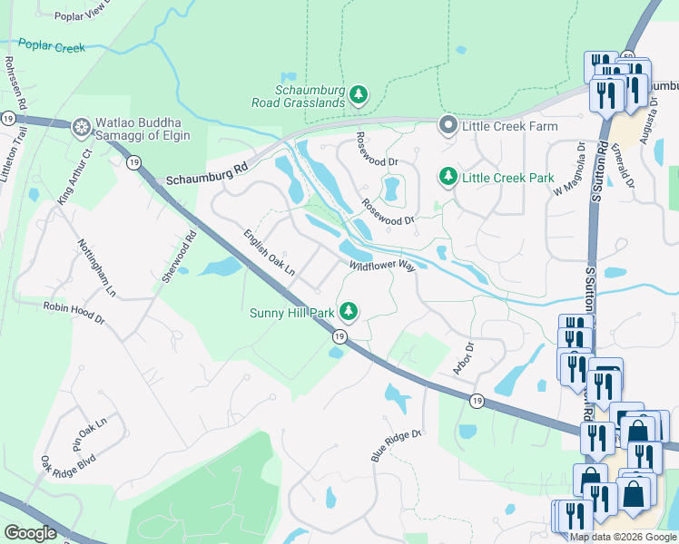 map of restaurants, bars, coffee shops, grocery stores, and more near 322 English Oak Lane in Streamwood