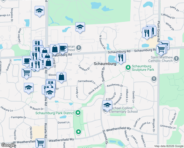 map of restaurants, bars, coffee shops, grocery stores, and more near 355 Lambert Drive in Schaumburg