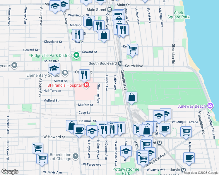 map of restaurants, bars, coffee shops, grocery stores, and more near 418 Callan Avenue in Evanston