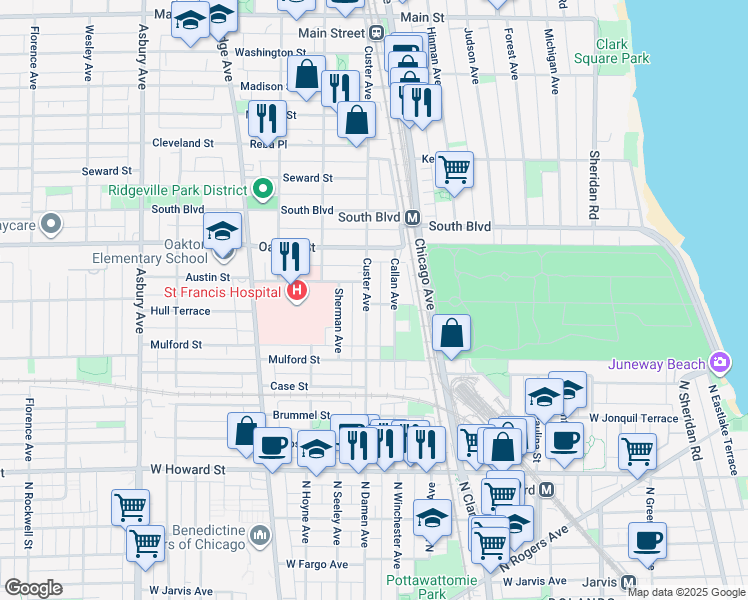 map of restaurants, bars, coffee shops, grocery stores, and more near 418 Callan Avenue in Evanston