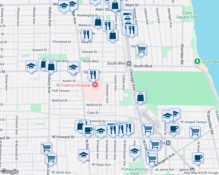map of restaurants, bars, coffee shops, grocery stores, and more near 715 Austin Street in Evanston