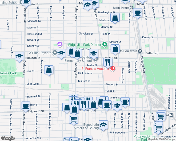 map of restaurants, bars, coffee shops, grocery stores, and more near 1126 Austin Street in Evanston