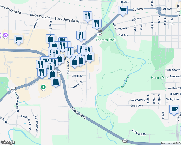 map of restaurants, bars, coffee shops, grocery stores, and more near 4820 Armar Drive Southeast in Cedar Rapids