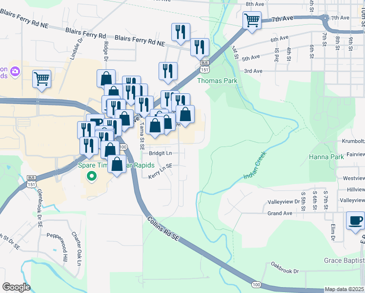 map of restaurants, bars, coffee shops, grocery stores, and more near 4820 Armar Drive Southeast in Cedar Rapids