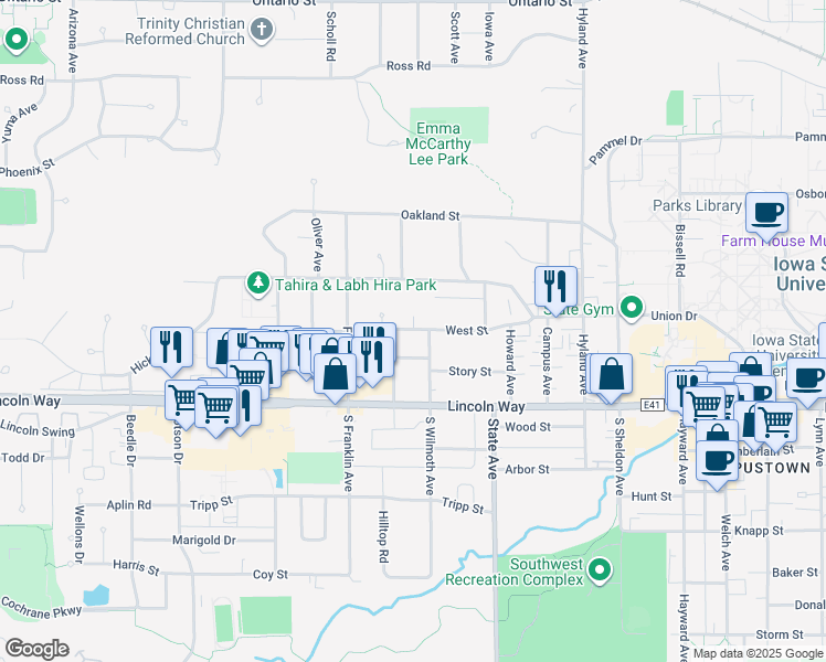 map of restaurants, bars, coffee shops, grocery stores, and more near 306 Colorado Circle in Ames