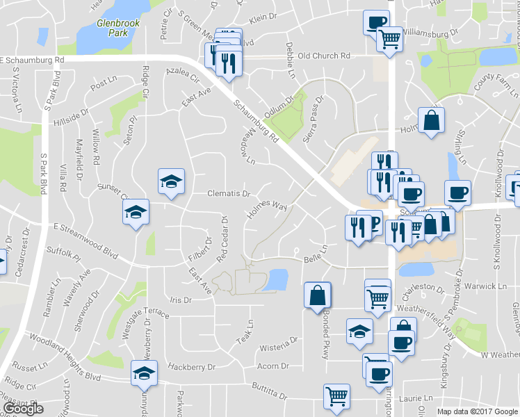 map of restaurants, bars, coffee shops, grocery stores, and more near 117 Holmes Way in Schaumburg