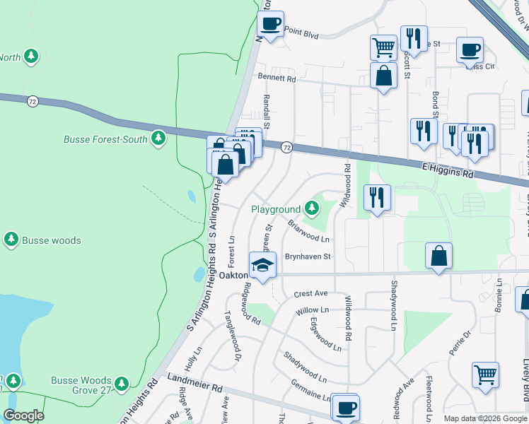 map of restaurants, bars, coffee shops, grocery stores, and more near 48 Ridgewood Road in Elk Grove Village