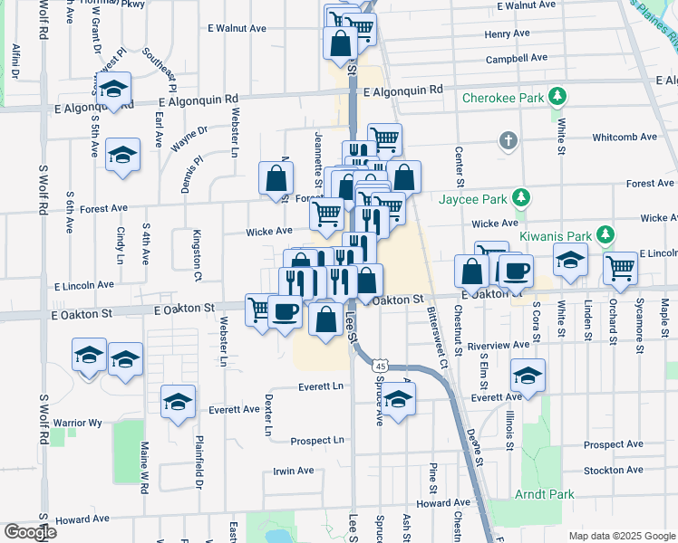 map of restaurants, bars, coffee shops, grocery stores, and more near 1500 Lee Street in Des Plaines