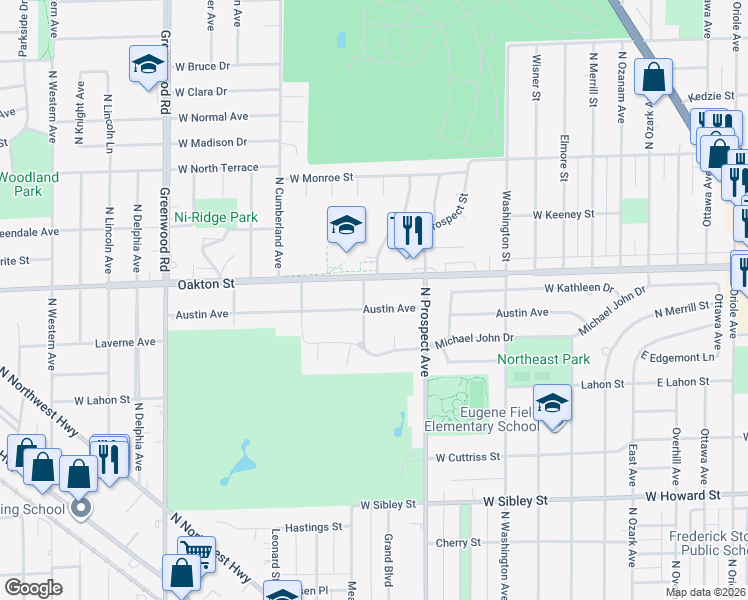 map of restaurants, bars, coffee shops, grocery stores, and more near 948 Meacham Avenue in Park Ridge