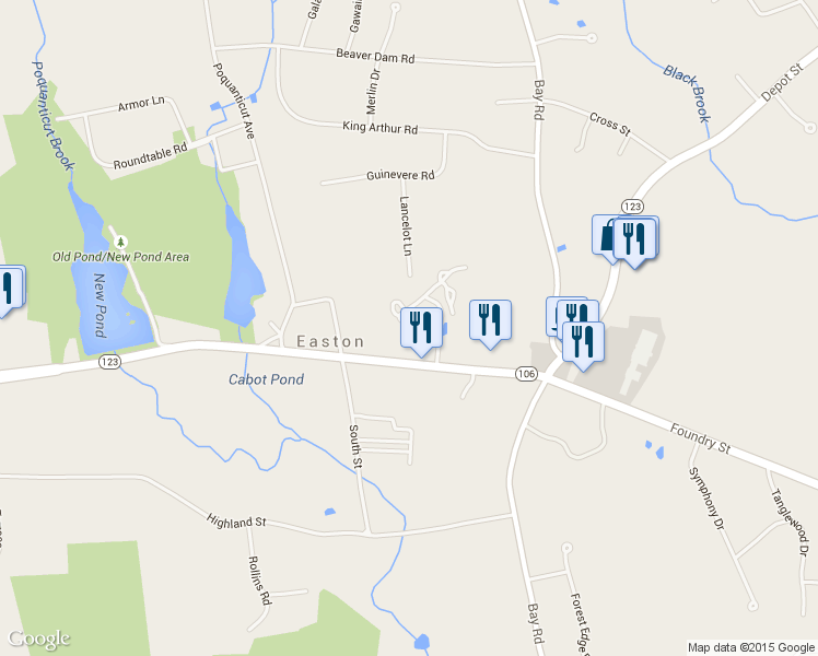 map of restaurants, bars, coffee shops, grocery stores, and more near 44 Gas Light Lane in Easton