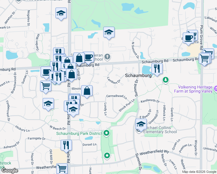 map of restaurants, bars, coffee shops, grocery stores, and more near 301 Pembridge Lane in Schaumburg
