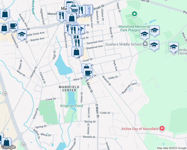 map of restaurants, bars, coffee shops, grocery stores, and more near 31 Fairfield Park in Mansfield