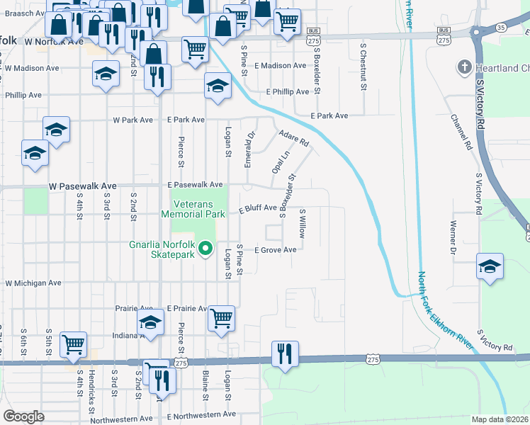 map of restaurants, bars, coffee shops, grocery stores, and more near 501-699 E Bluff Ave in Norfolk