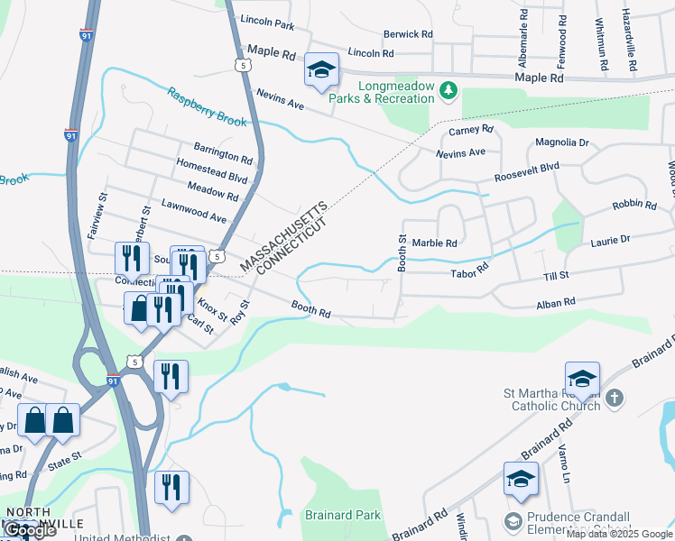 map of restaurants, bars, coffee shops, grocery stores, and more near 37 Brookside Village in Enfield
