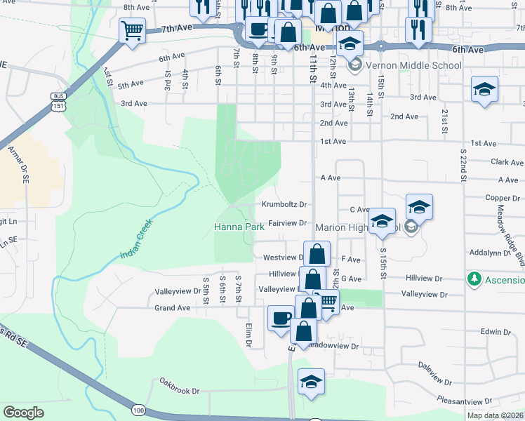 map of restaurants, bars, coffee shops, grocery stores, and more near 920 Krumboltz Drive in Marion