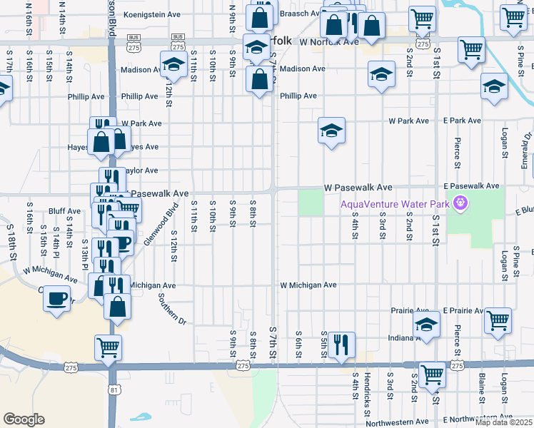 map of restaurants, bars, coffee shops, grocery stores, and more near 701-735 South 8th Street in Norfolk