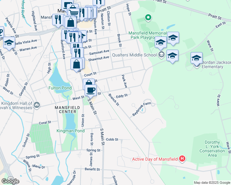 map of restaurants, bars, coffee shops, grocery stores, and more near 82 East Street in Mansfield