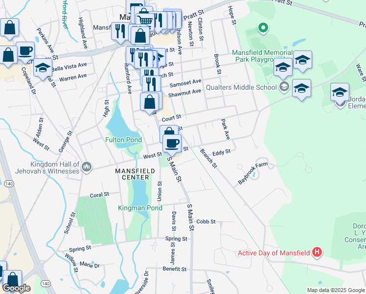 map of restaurants, bars, coffee shops, grocery stores, and more near 31 Fairfield Park in Mansfield