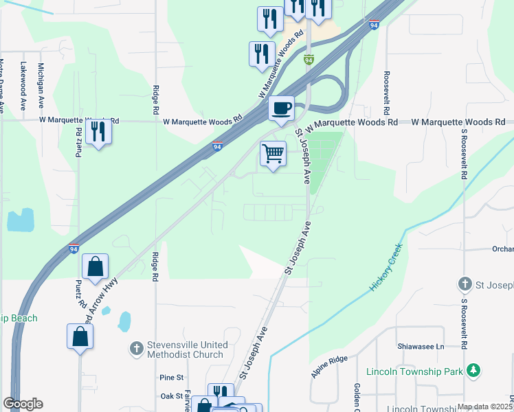 map of restaurants, bars, coffee shops, grocery stores, and more near 5060 Saint Joseph Avenue in Stevensville