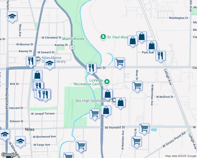 map of restaurants, bars, coffee shops, grocery stores, and more near 7910 North Caldwell Avenue in Niles