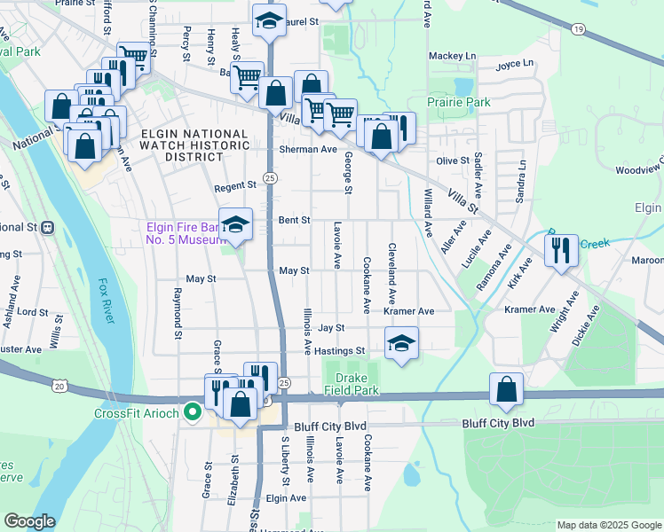 map of restaurants, bars, coffee shops, grocery stores, and more near 533 Lavoie Avenue in Elgin