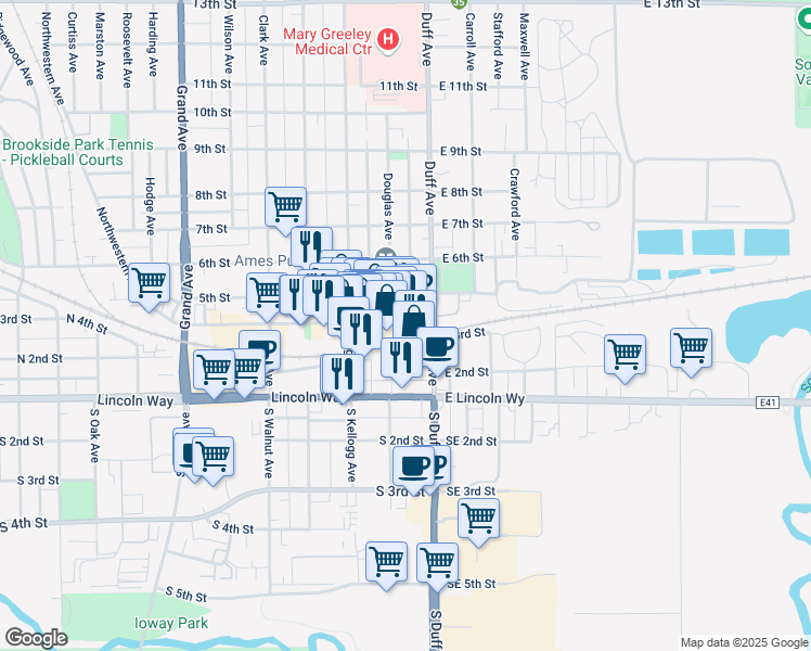 map of restaurants, bars, coffee shops, grocery stores, and more near 408 Douglas Avenue in Ames