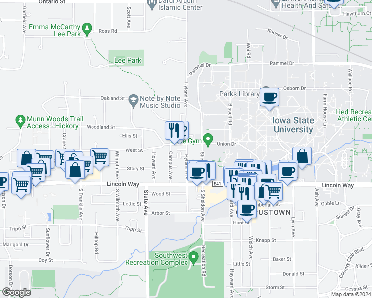 map of restaurants, bars, coffee shops, grocery stores, and more near 2721 West Street in Ames
