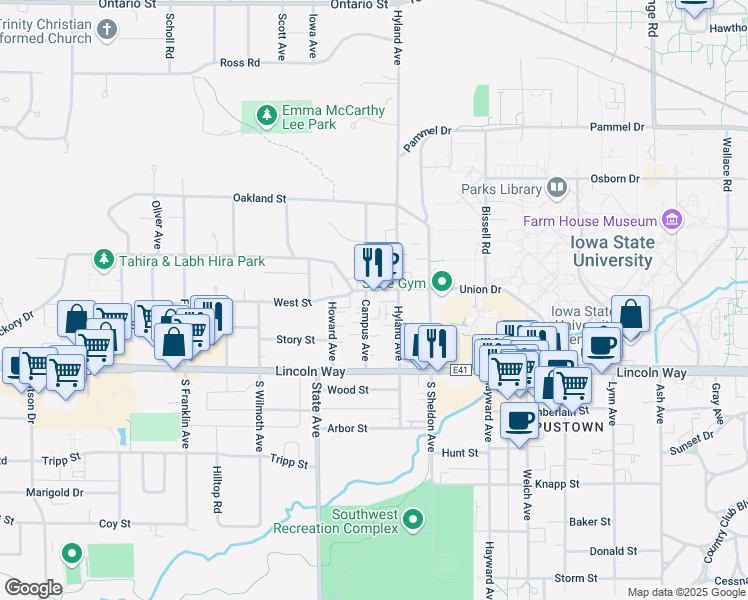 map of restaurants, bars, coffee shops, grocery stores, and more near 2823 West Street in Ames