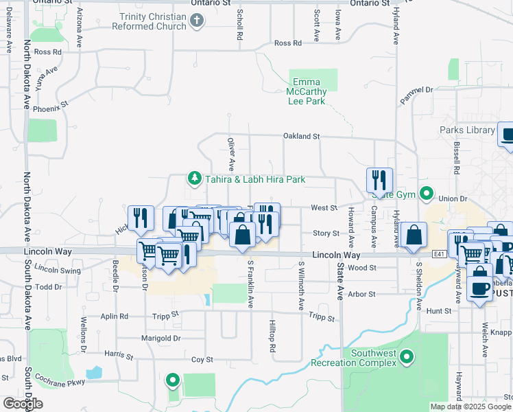 map of restaurants, bars, coffee shops, grocery stores, and more near 316 North Franklin Avenue in Ames
