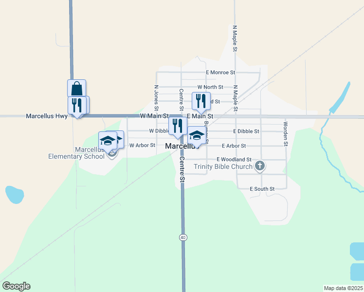 map of restaurants, bars, coffee shops, grocery stores, and more near in Marcellus