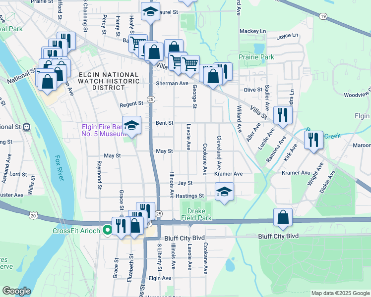 map of restaurants, bars, coffee shops, grocery stores, and more near 533 Lavoie Avenue in Elgin