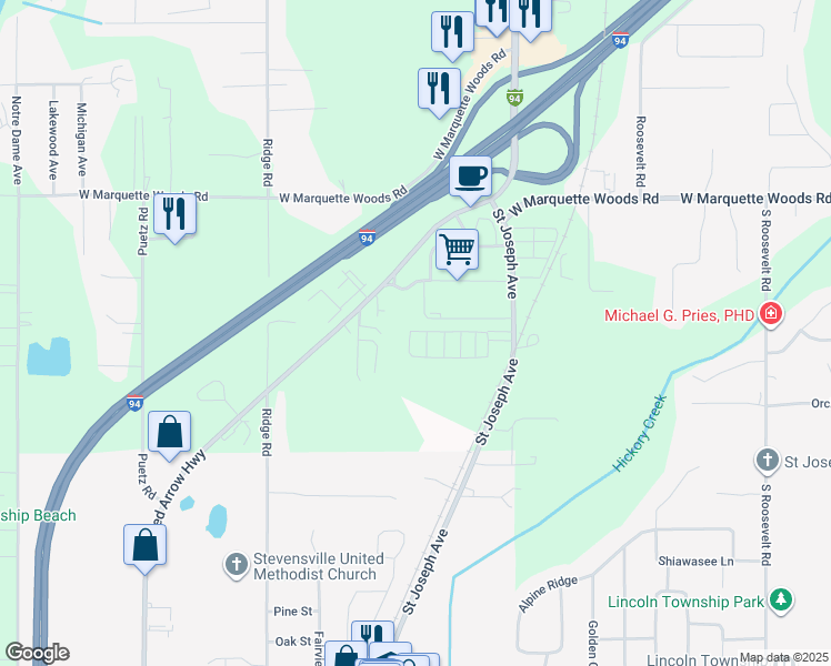 map of restaurants, bars, coffee shops, grocery stores, and more near Mobile Village Trailer Park in Stevensville