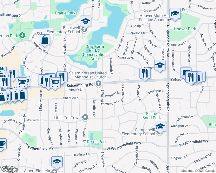 map of restaurants, bars, coffee shops, grocery stores, and more near 1933 W Schaumburg Rd in Schaumburg