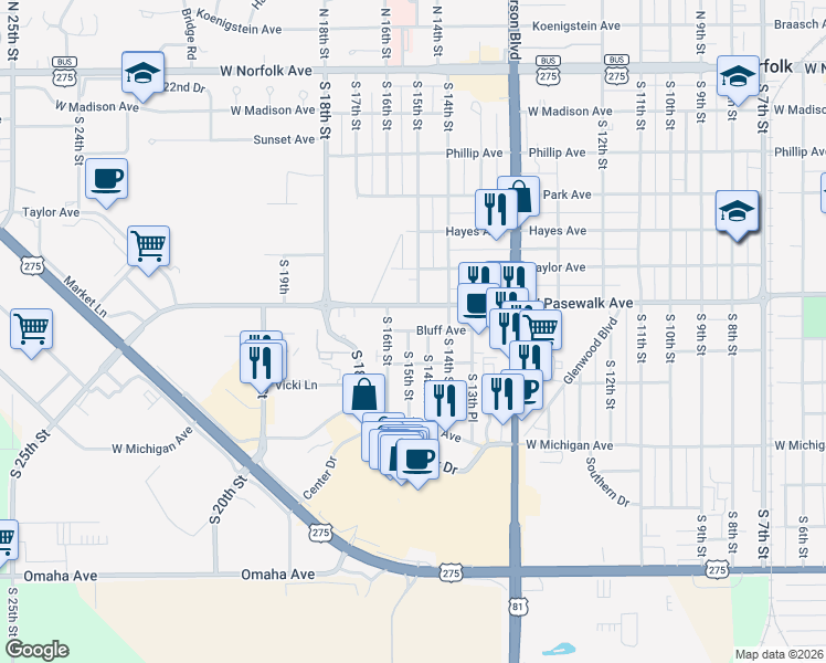 map of restaurants, bars, coffee shops, grocery stores, and more near 701-799 S 16th St in Norfolk