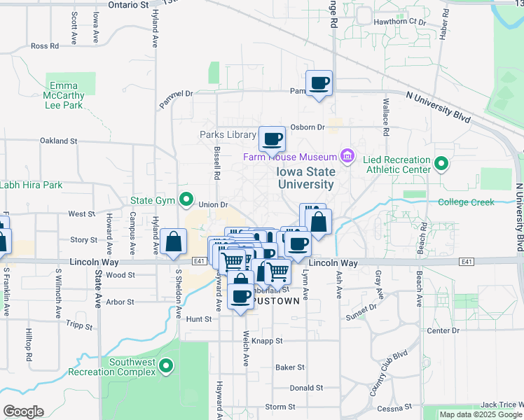 map of restaurants, bars, coffee shops, grocery stores, and more near 2433 Union Drive in Ames