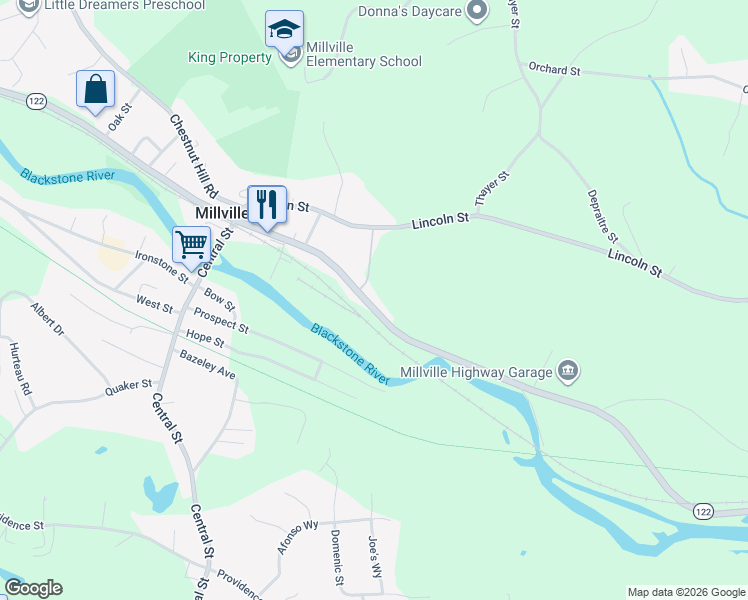 map of restaurants, bars, coffee shops, grocery stores, and more near 134 Main Street in Millville