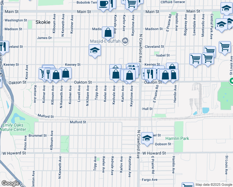 map of restaurants, bars, coffee shops, grocery stores, and more near 7934 Kedvale Avenue in Skokie