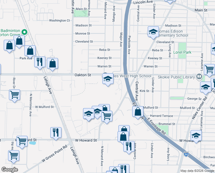 map of restaurants, bars, coffee shops, grocery stores, and more near 5785 Oakton St in Skokie