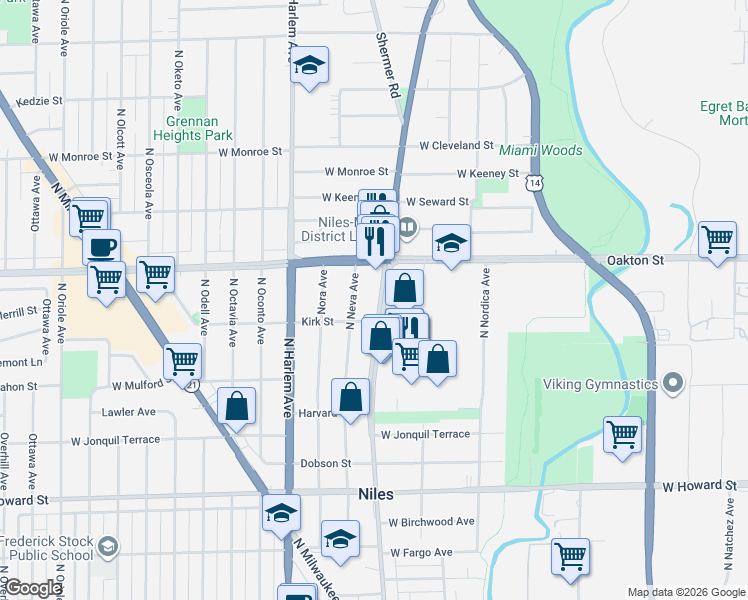 map of restaurants, bars, coffee shops, grocery stores, and more near 7932 North Waukegan Road in Niles