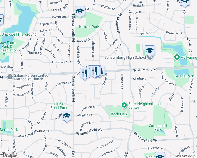 map of restaurants, bars, coffee shops, grocery stores, and more near 1399 West Schaumburg Road in Schaumburg