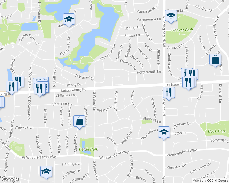 map of restaurants, bars, coffee shops, grocery stores, and more near 2 Wareham Lane in Schaumburg