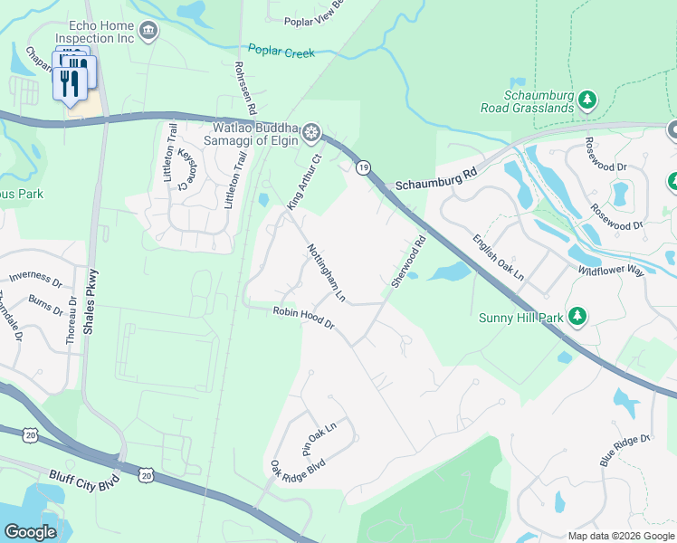 map of restaurants, bars, coffee shops, grocery stores, and more near 1196 Nottingham Lane in Elgin
